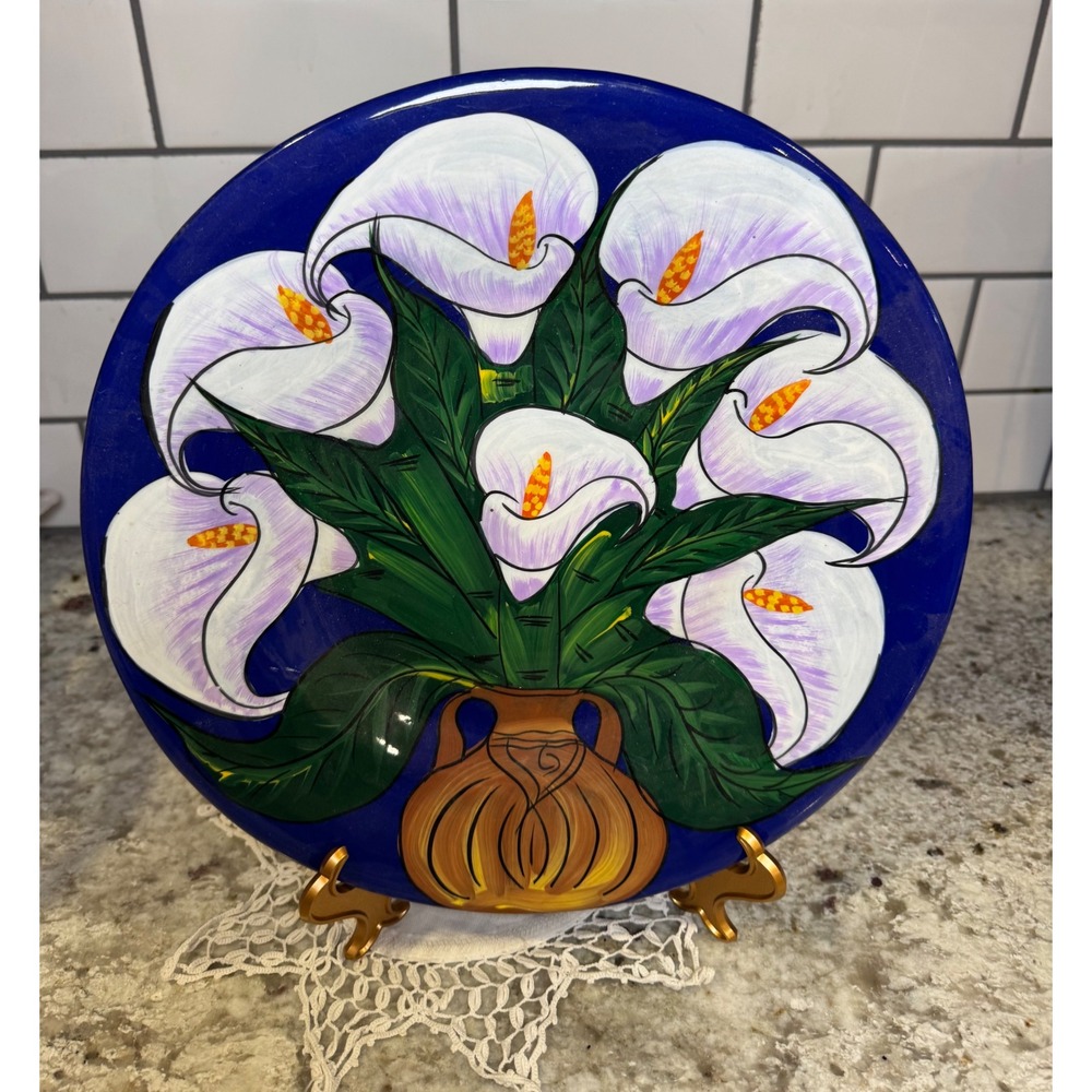 Hand Painted Ceramic Calla Lily Decorative Wall Plate Cobalt Blue 12 Inch